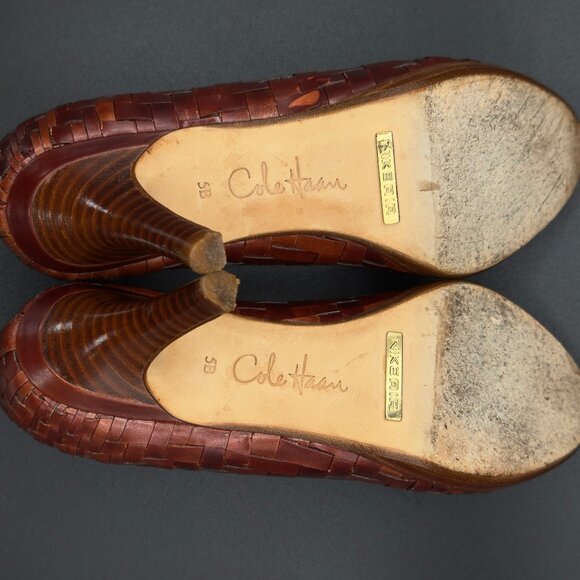 Cole Haan Genevieve Woven Leather Peep-Toe Pumps, Cognac Brown, Nike Air, US 5B - Picture 11 of 11